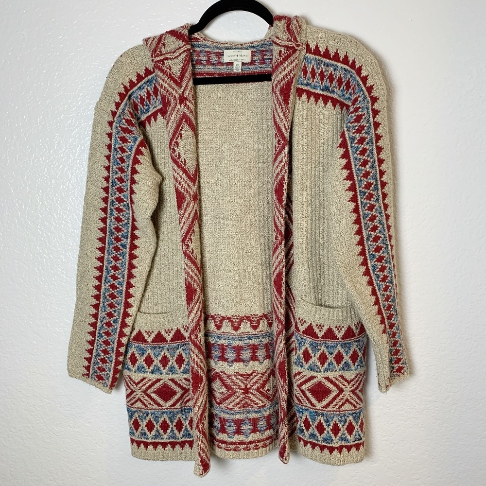 Lucky Brand Hooded Cardigan Western Tribal Open Front Size Small Pockets Boho